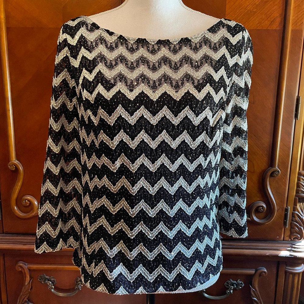 Alex Evenings Black and Silver Chevron Sequin Long Sleeve Top